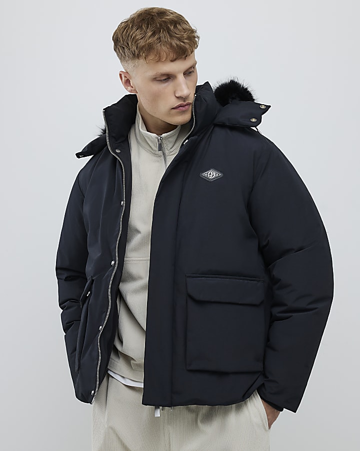 River Island Black Premium Faux Fur Trim Puffer Jacket