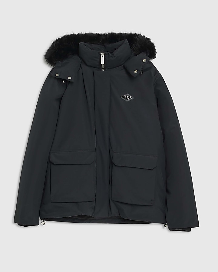river island Black Premium Faux Fur Trim Puffer Jacket