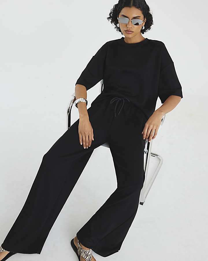 River Island Black Premium High Waisted Wide Leg Joggers