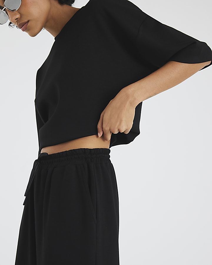River Island Black Premium High Waisted Wide Leg Joggers