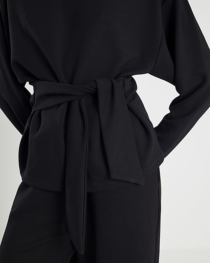 River Island Black Premium Long Sleeve Tie Front Top