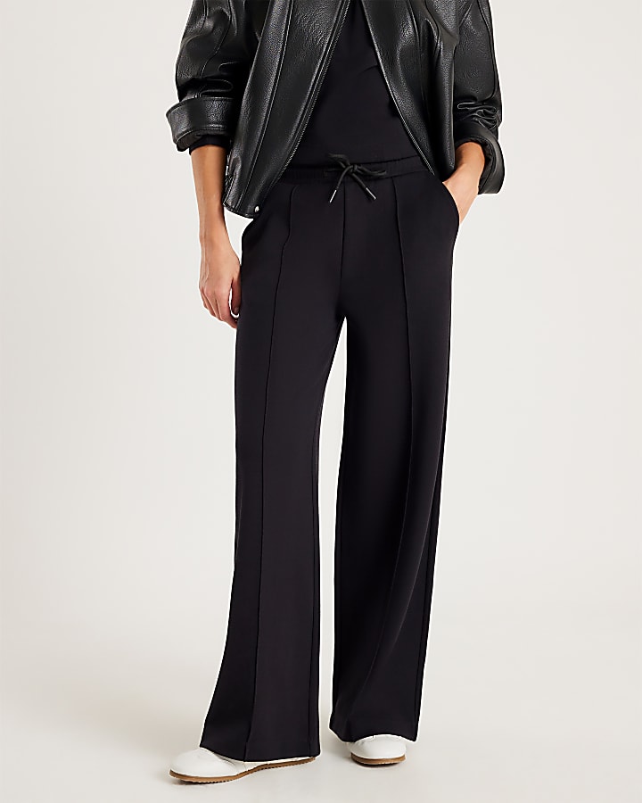 River Island Black Premium Wide Leg Pintuck Joggers