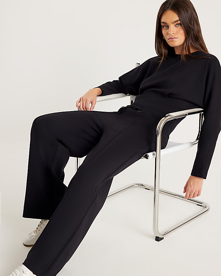River Island Black Premium Wide Leg Pintuck Joggers