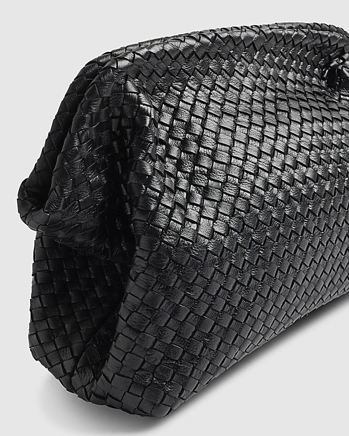 River Island Black Premium Woven Leather Clutch Bag