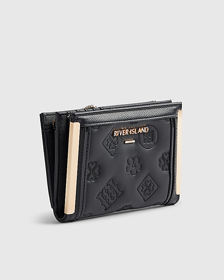 River Island Black Quilted Monogram Print Fold Out Purse