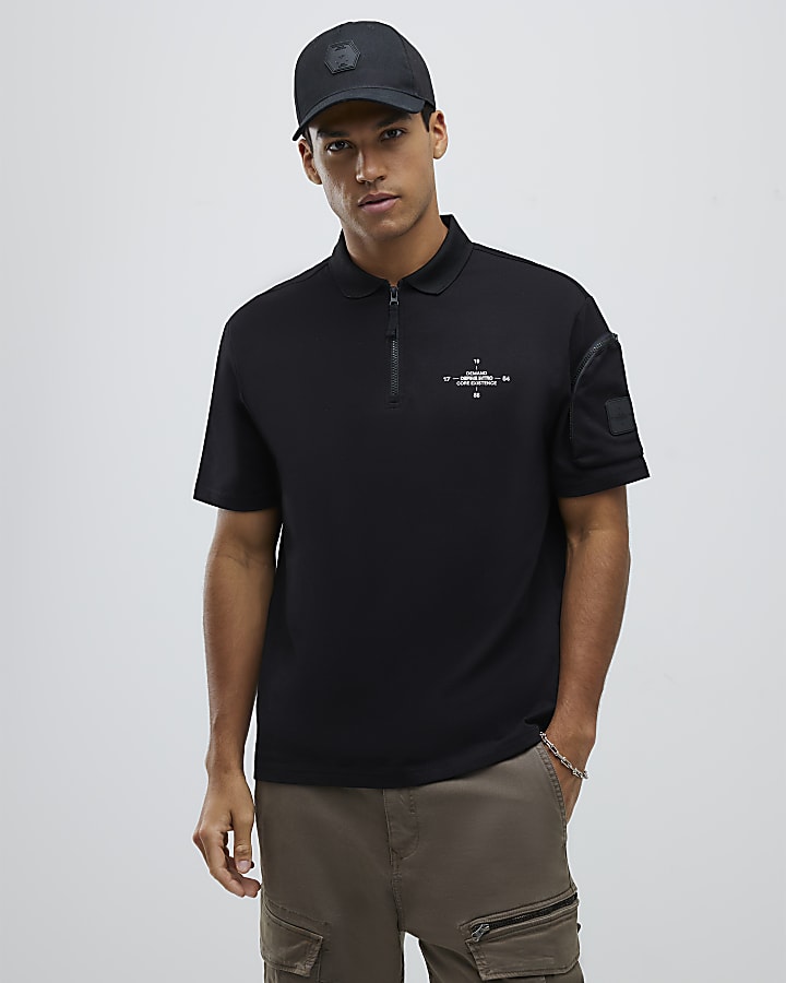 River Island Black Regular Fit Arm Badge Pocket Polo Shirt