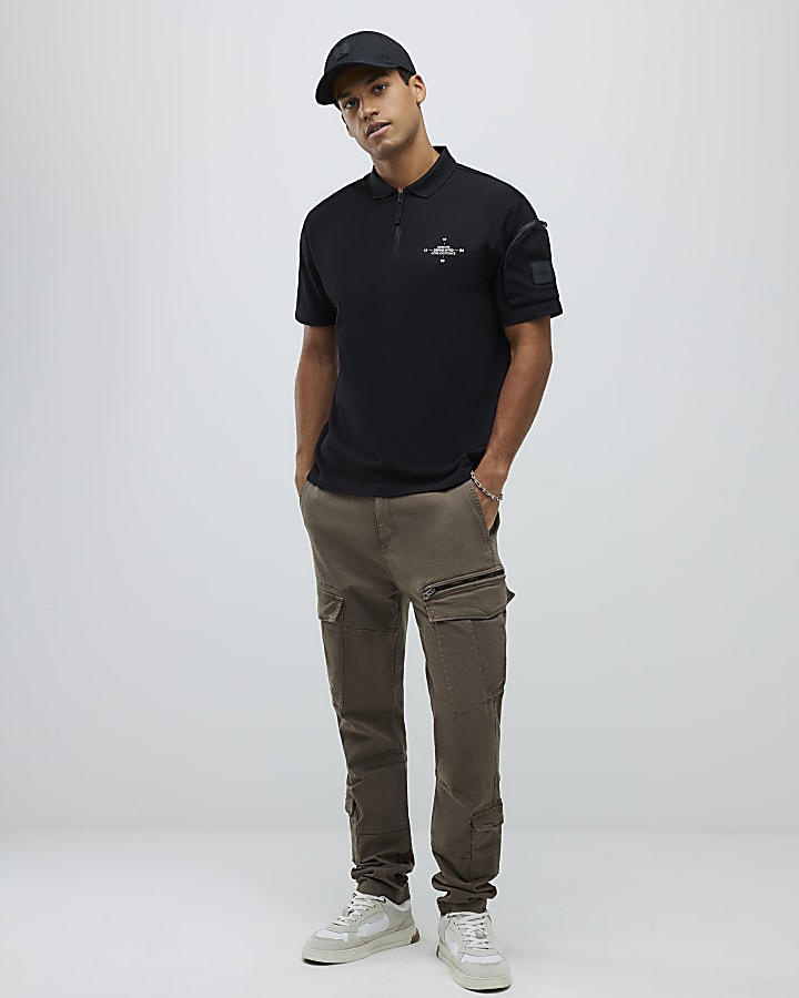 River Island Black Regular Fit Arm Badge Pocket Polo Shirt