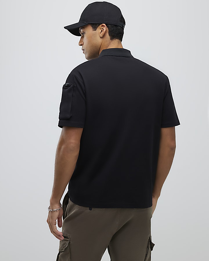 River Island Black Regular Fit Arm Badge Pocket Polo Shirt
