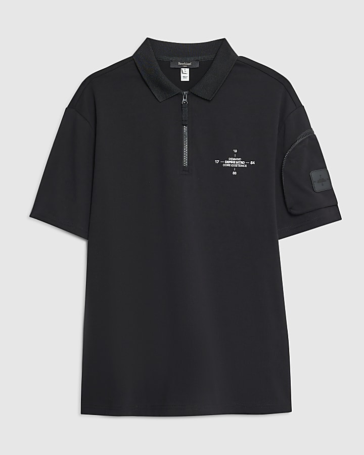 river island Black Regular Fit Arm Badge Pocket Polo Shirt