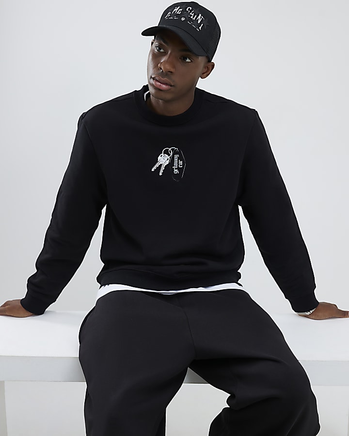 River Island Black Regular Fit Getaway Car Sweatshirt