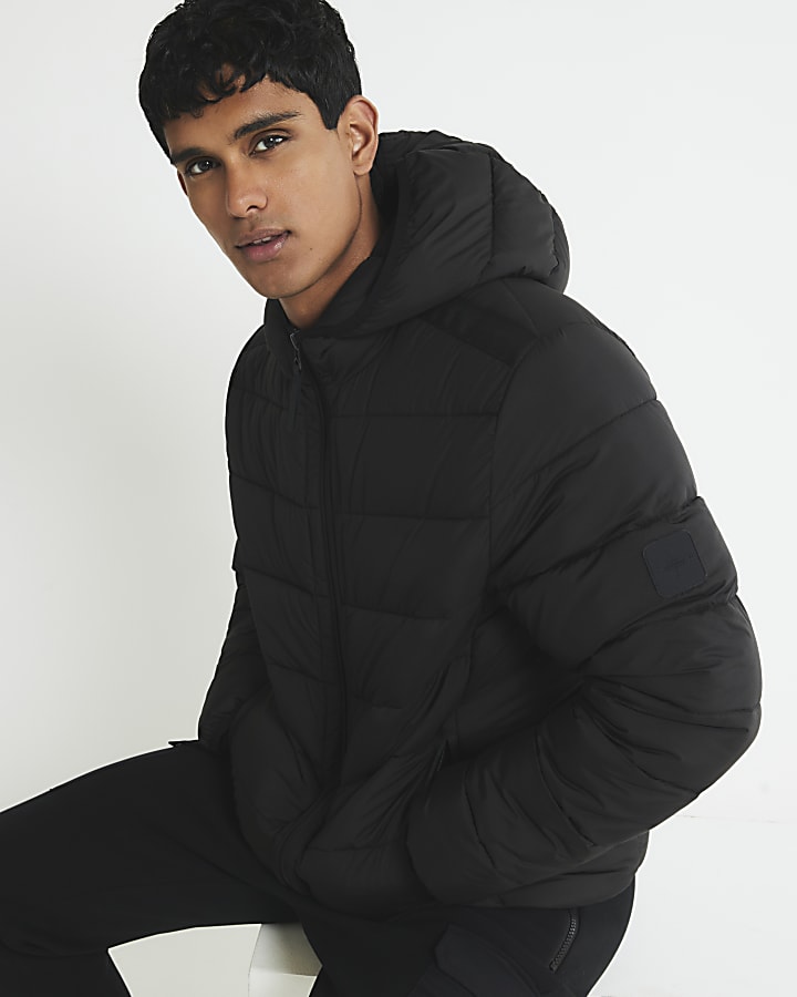 River Island Black Regular Fit Hooded Puffer Jacket