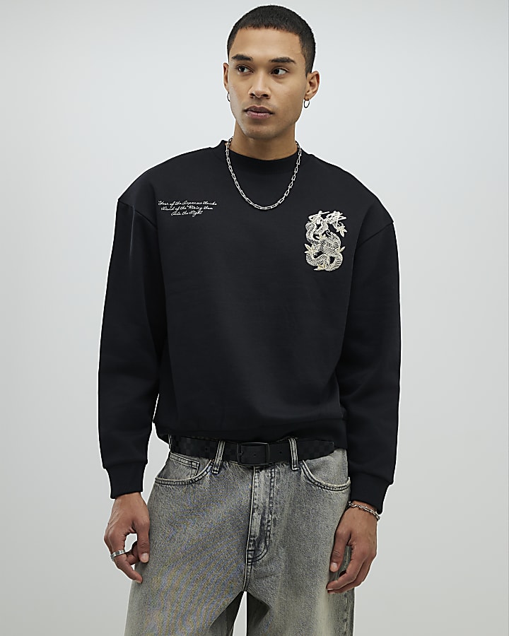 River Island Black Regular Fit Japanese Snake Sweatshirt