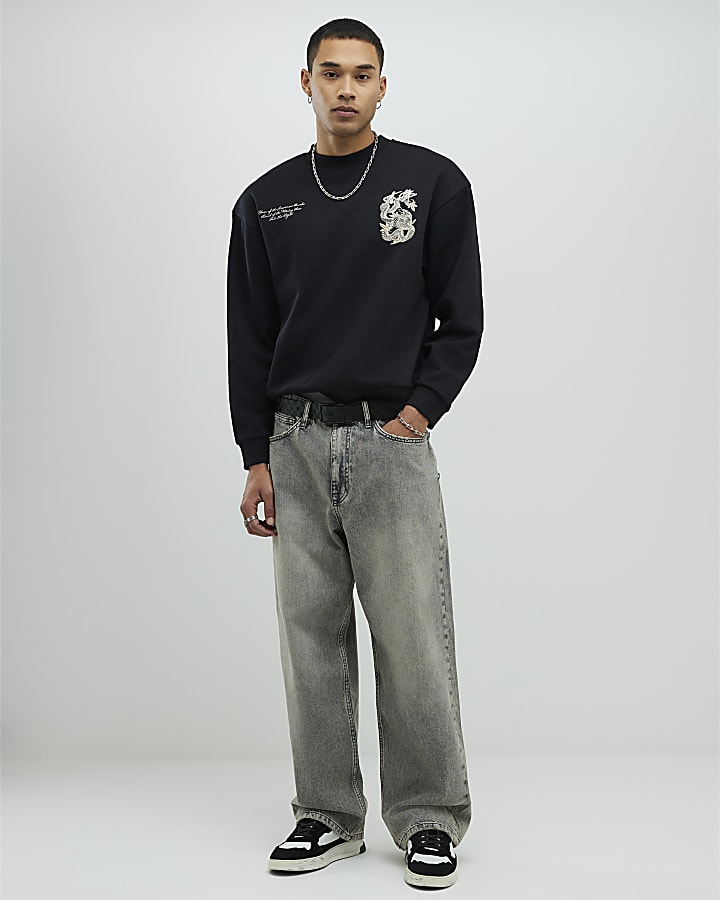 River Island Black Regular Fit Japanese Snake Sweatshirt