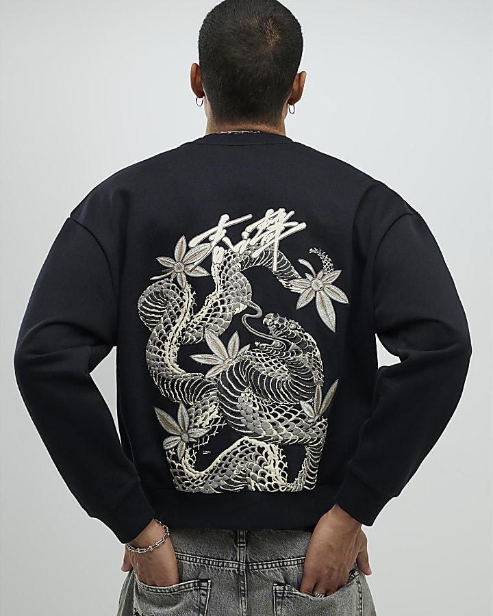 River Island Black Regular Fit Japanese Snake Sweatshirt