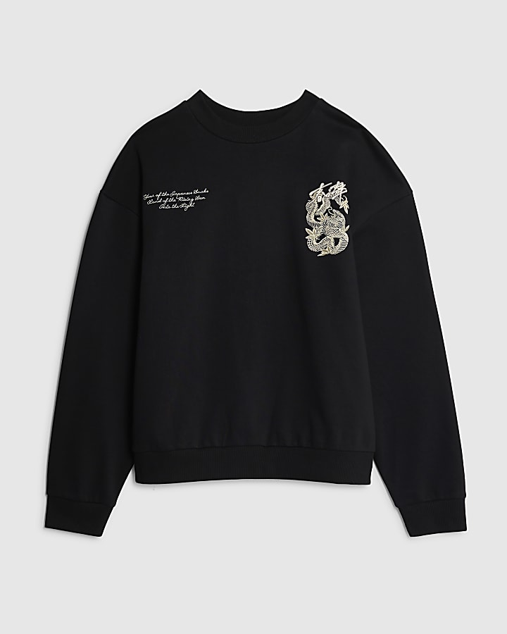 river island Black Regular Fit Japanese Snake Sweatshirt