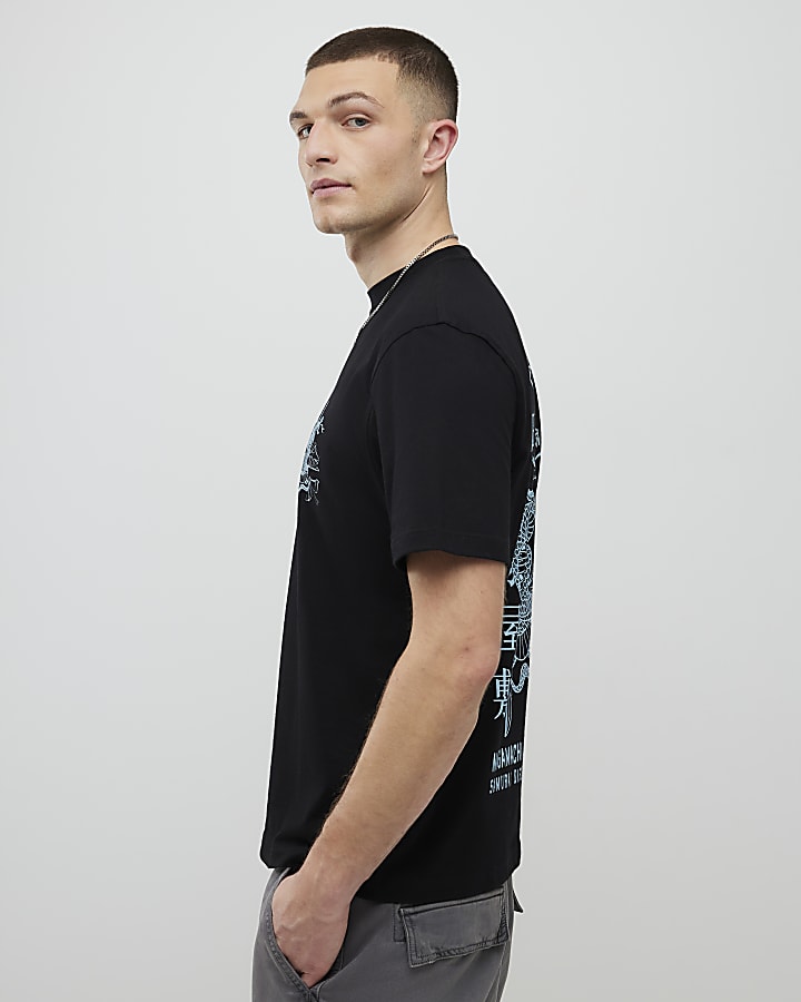 River Island Black Regular Fit Kanazawa Snake T-Shirt