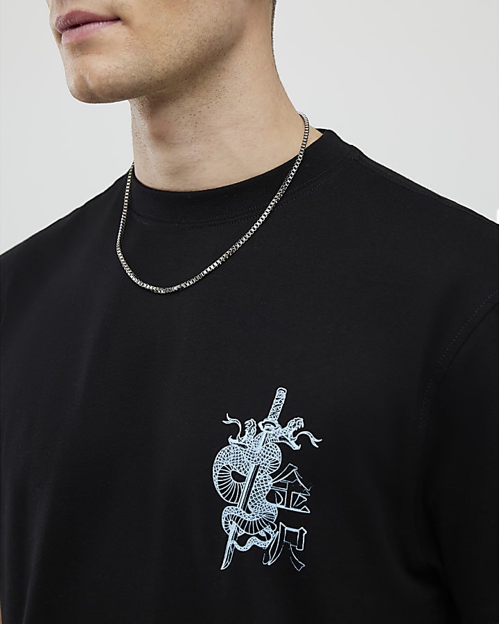 River Island Black Regular Fit Kanazawa Snake T-Shirt