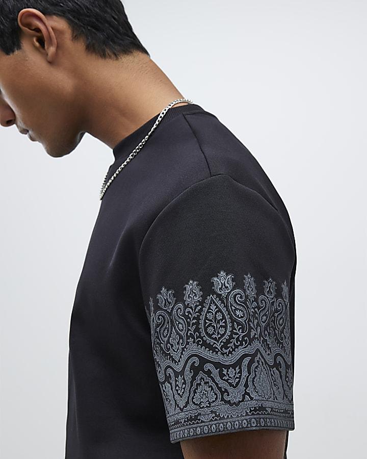 River Island Black Regular Fit Paisley Border T-Shirt