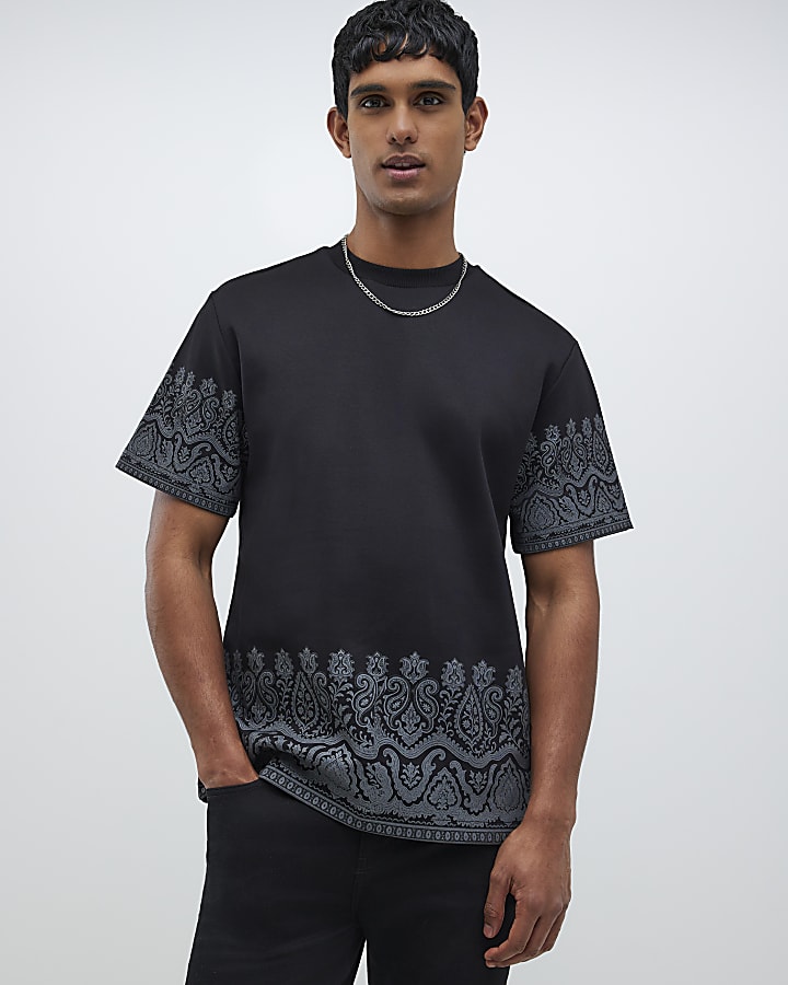 River Island Black Regular Fit Paisley Border T-Shirt
