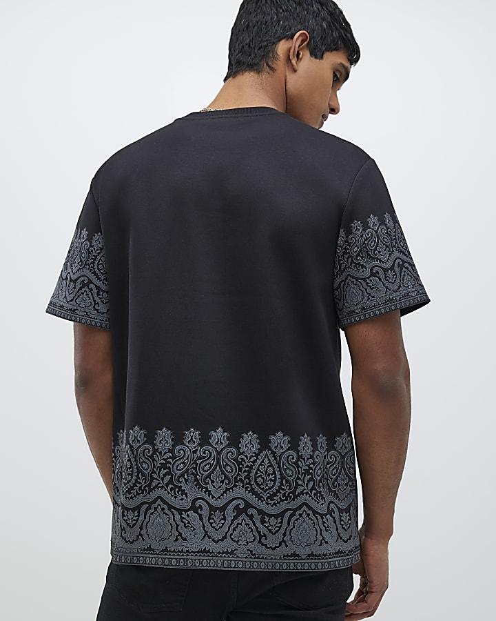 River Island Black Regular Fit Paisley Border T-Shirt