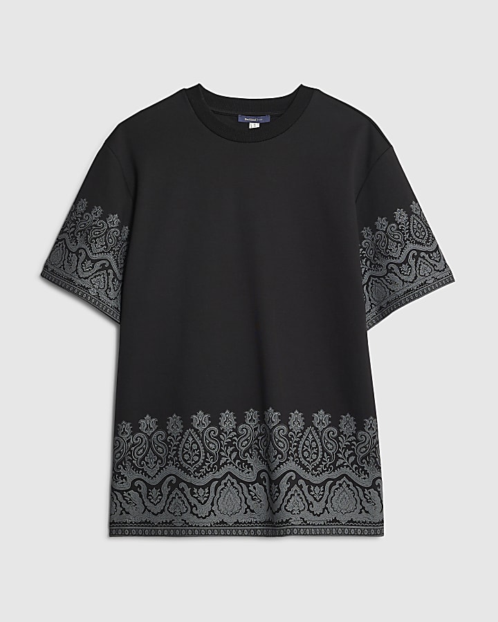 river island Black Regular Fit Paisley Border T-Shirt