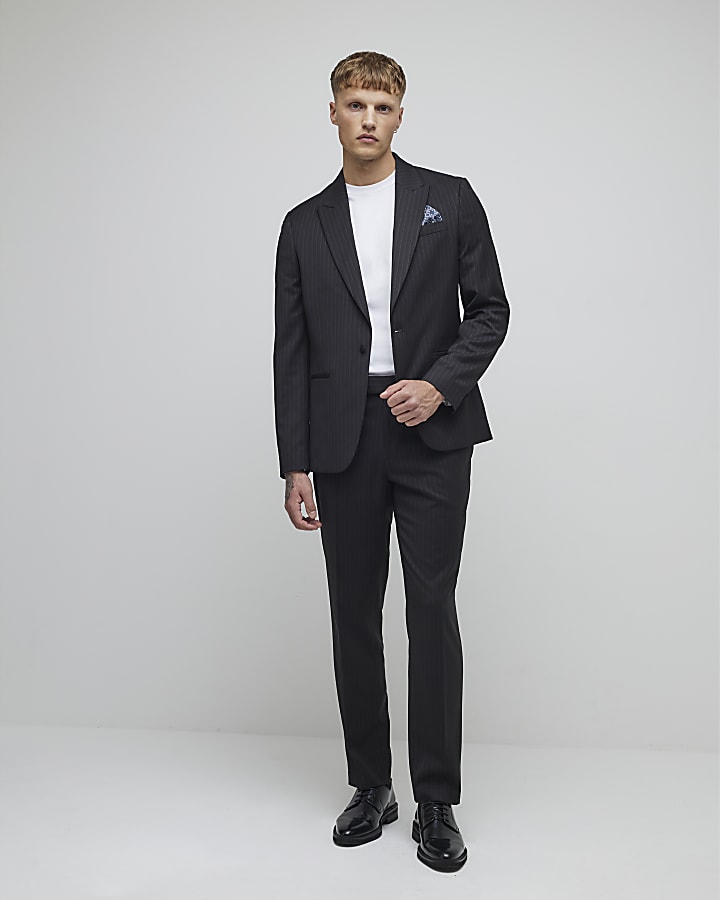 River Island Black Regular Fit Pinstriped Suit Jacket