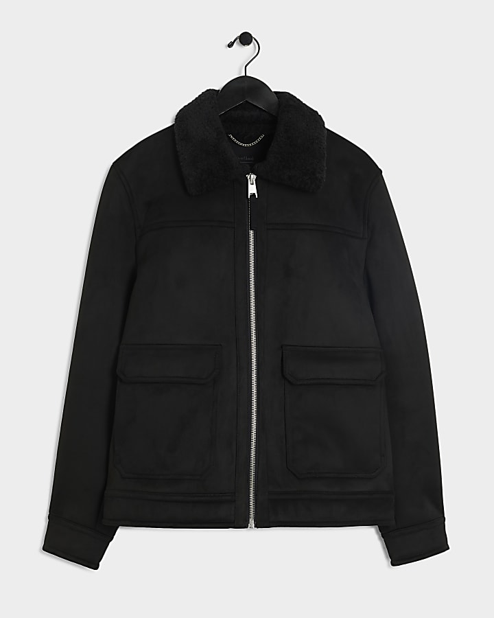 river island Black Regular Fit Shearling Western Jacket