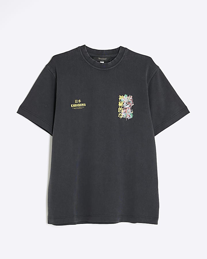 river island Black Regular Fit Washed Hayashima T-Shirt
