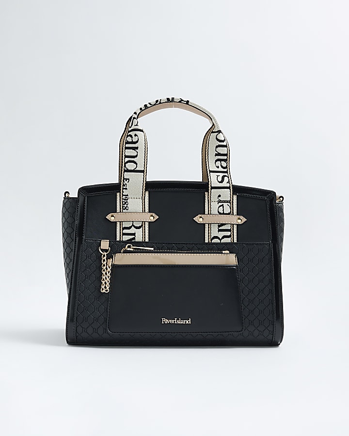 River Island Black RI Monogram Grab Handle Tote Bag