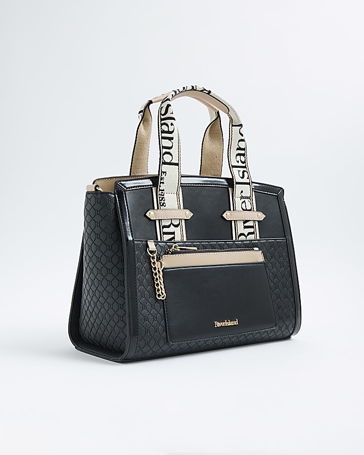 River Island Black RI Monogram Grab Handle Tote Bag