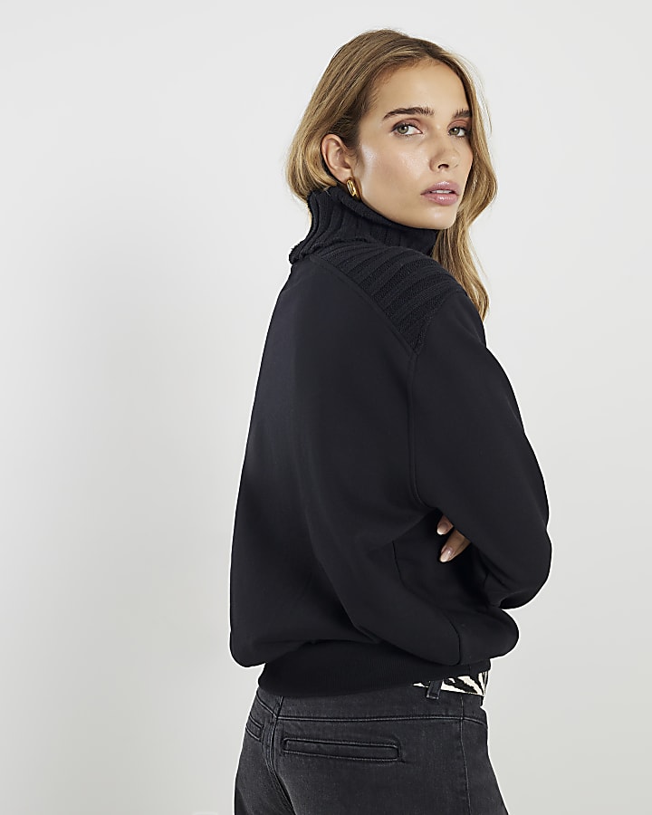 River Island Black Roll Neck Hybrid Knit Sweatshirt