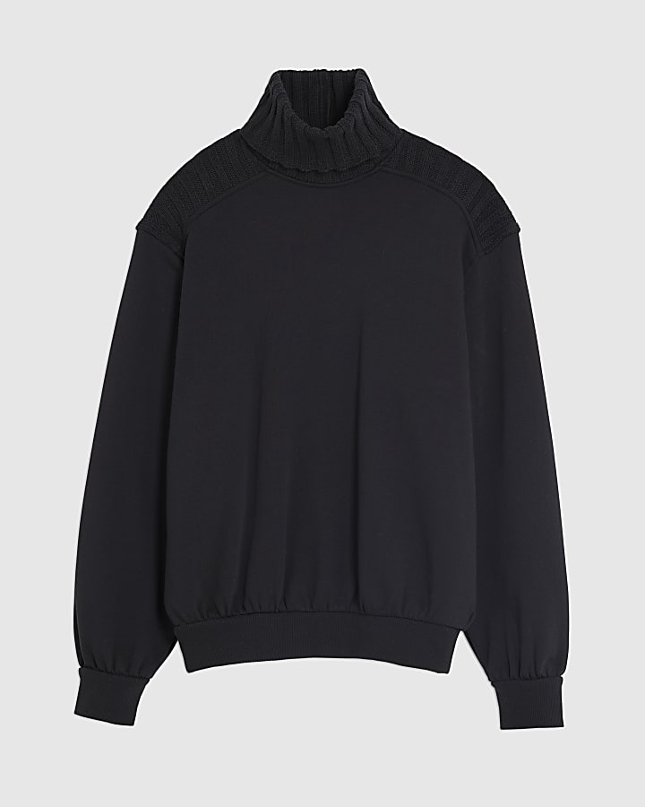 river island Black Roll Neck Hybrid Knit Sweatshirt