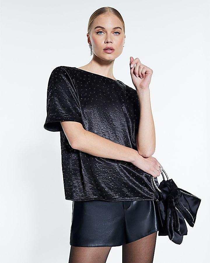 River Island Black Satin Diamante Short Sleeve T-shirt