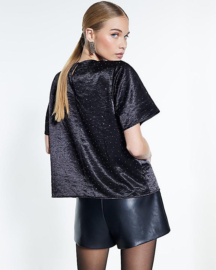 River Island Black Satin Diamante Short Sleeve T-shirt