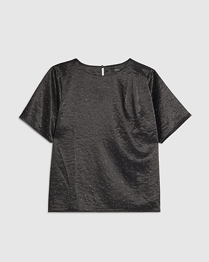 river island Black Satin Diamante Short Sleeve T-shirt