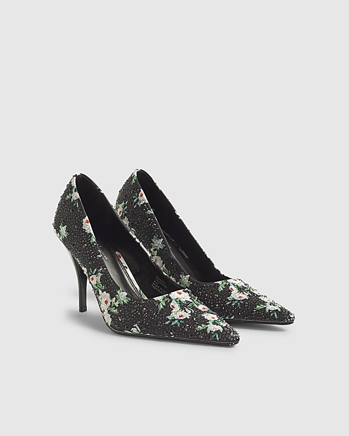 River Island Black Satin Floral Diamante Court Heels