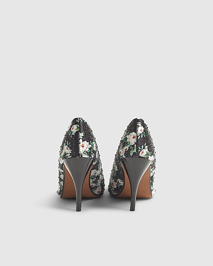 River Island Black Satin Floral Diamante Court Heels