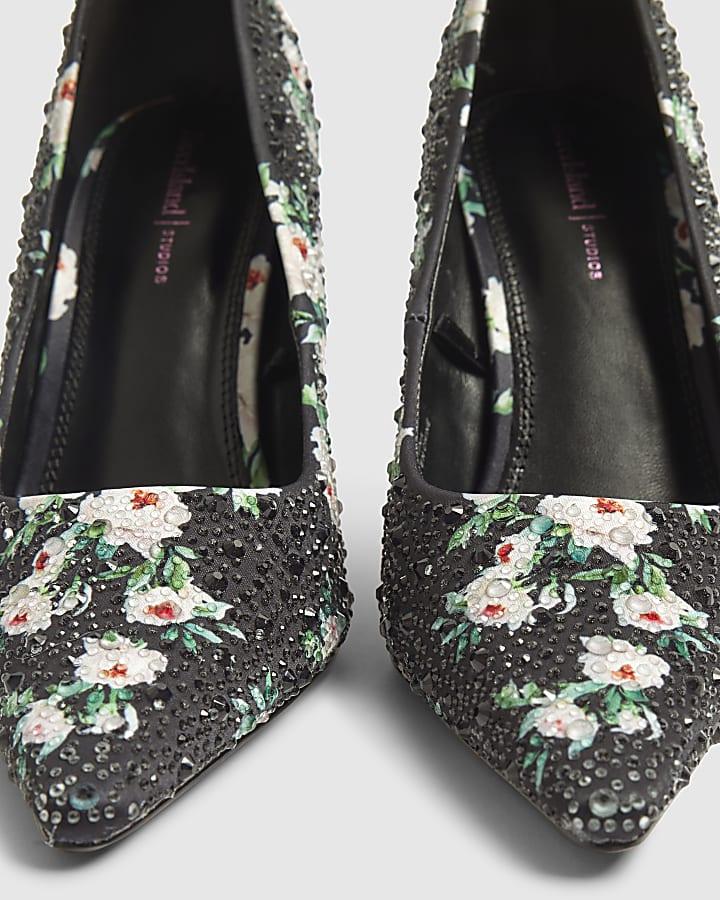 River Island Black Satin Floral Diamante Court Heels