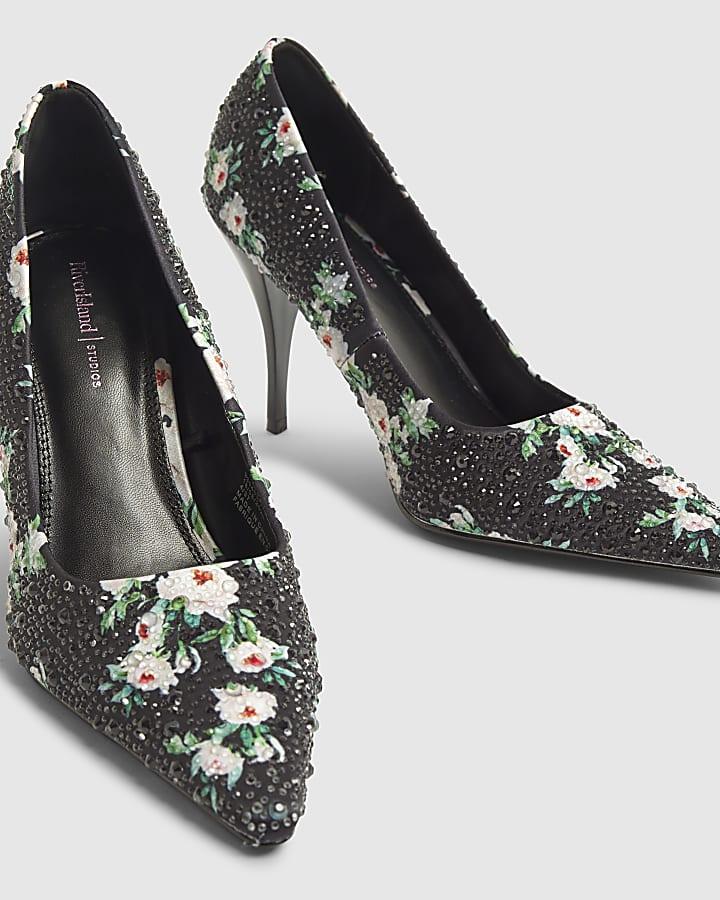 river island Black Satin Floral Diamante Court Heels