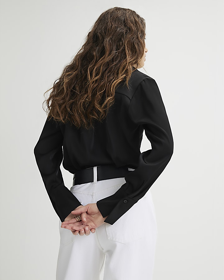 River Island Black Satin Long Sleeve Slim Fit Shirt