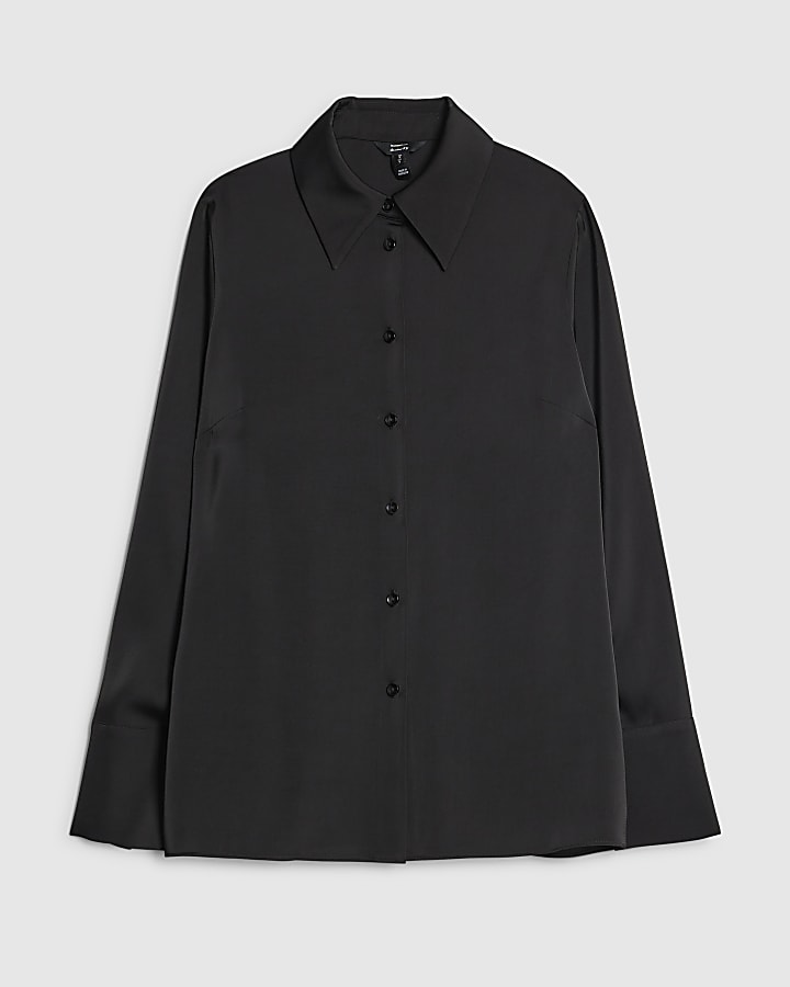 river island Black Satin Long Sleeve Slim Fit Shirt