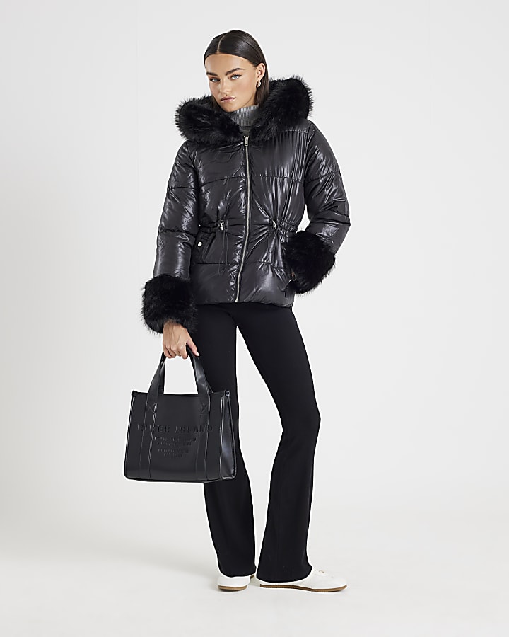 River Island Black Short Faux Fur Hooded Puffer Jacket