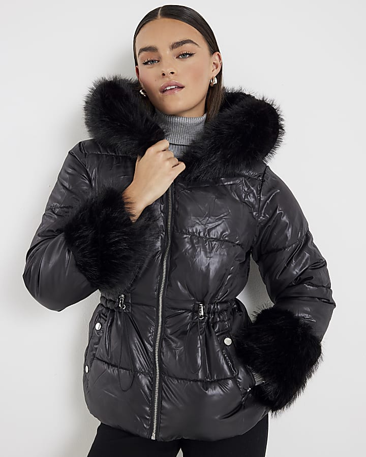 River Island Black Short Faux Fur Hooded Puffer Jacket