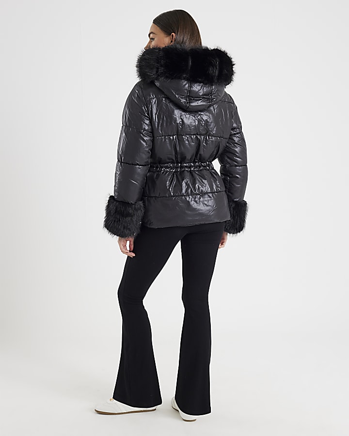 River Island Black Short Faux Fur Hooded Puffer Jacket