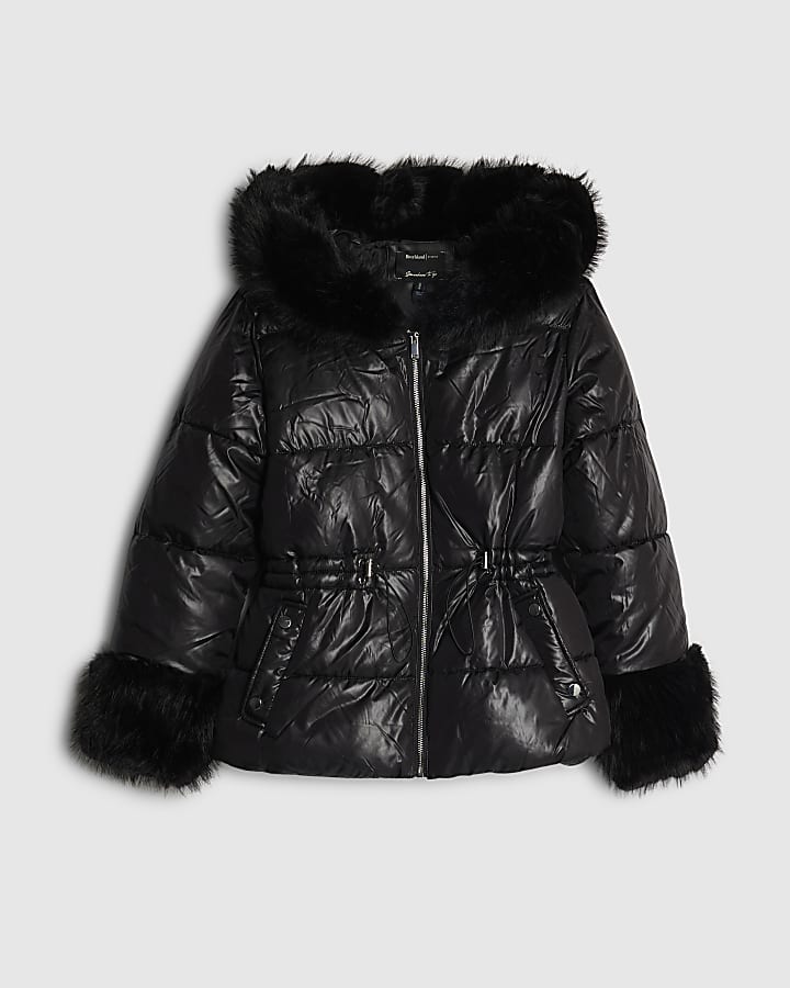 river island Black Short Faux Fur Hooded Puffer Jacket