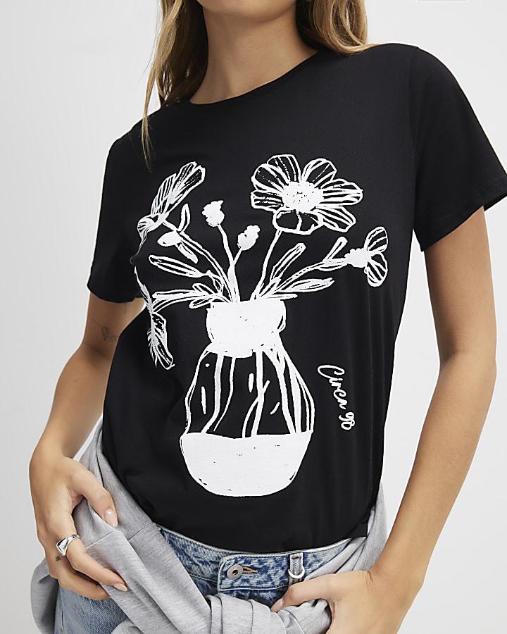 River Island Black Short Sleeve Floral Sketch T-shirt