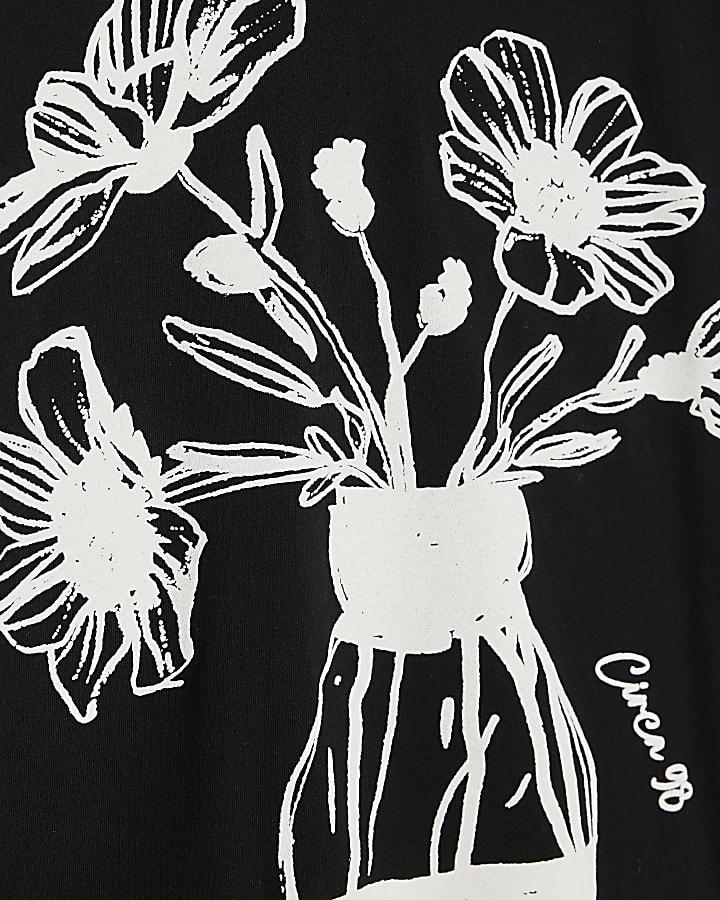 river island Black Short Sleeve Floral Sketch T-shirt