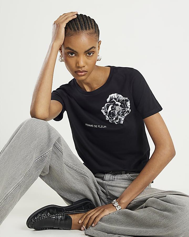 River Island Black Short Sleeve Flower Graphic T-Shirt