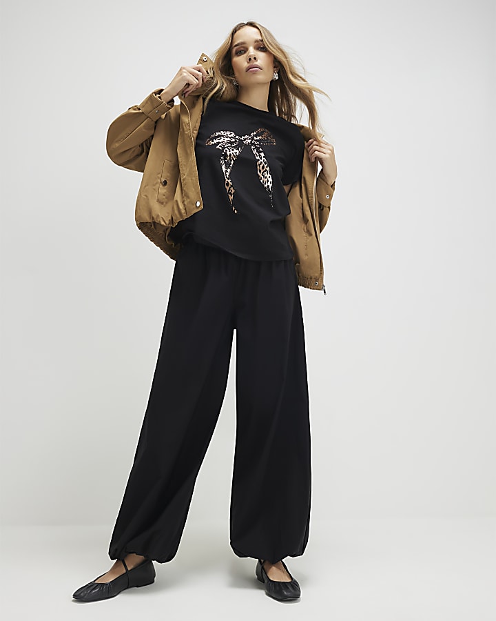 River Island Black Short Sleeve Metallic Bow T-shirt
