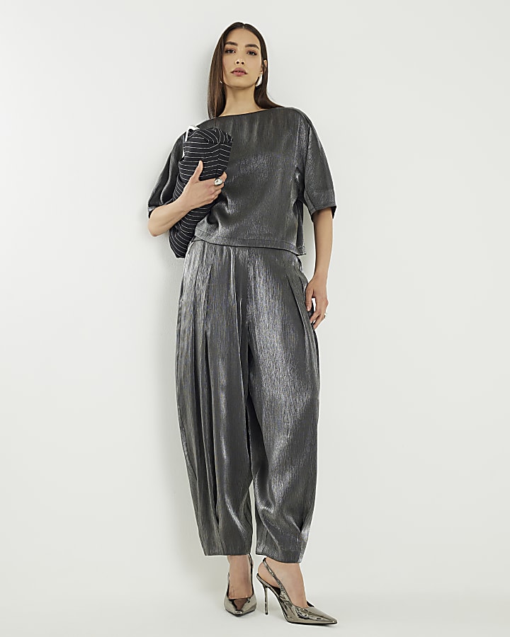 River Island Black Short Sleeve Metallic Tailored Top